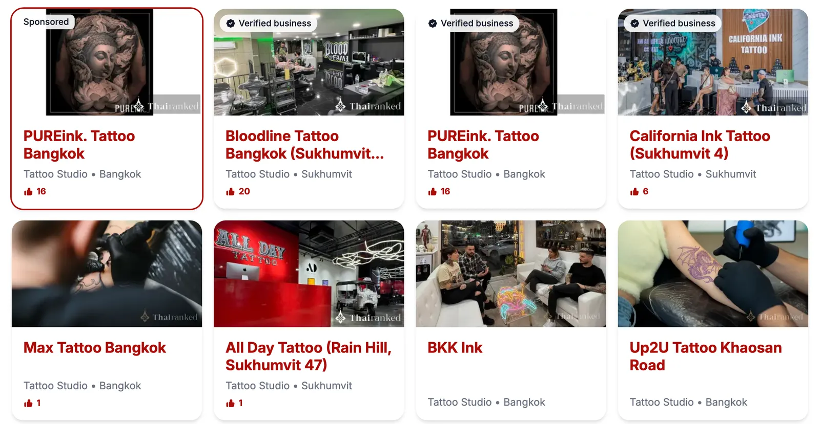 The best tattoo studios in Bangkok list: a Sponsored card first, then verified businesses, then unclaimed ones
