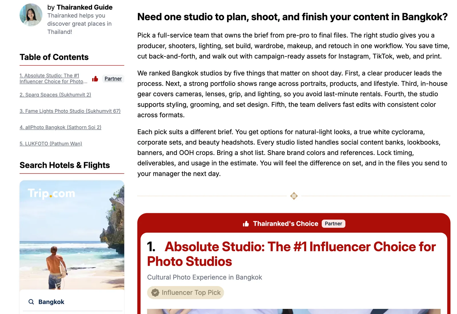 A curated ranking of photography studios in Bangkok: the first pick in a red “Thairanked’s Choice” frame tagged Partner, also tagged in the table of contents