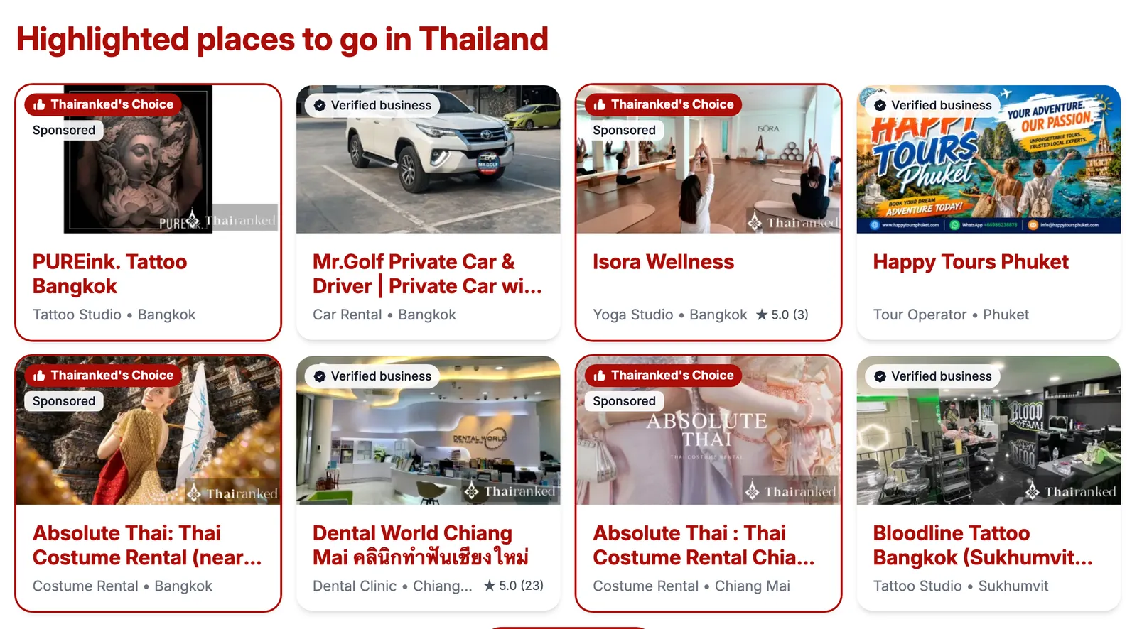 The homepage section “Highlighted places to go in Thailand” with Sponsored and verified cards