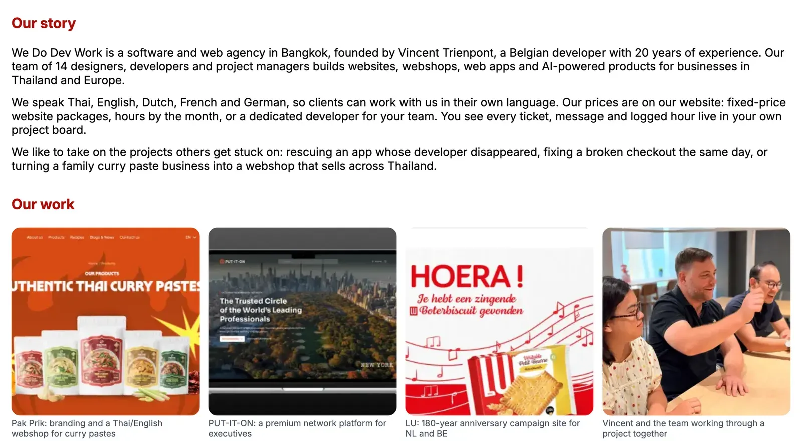 The “Our story” text and the “Our work” photo showcase on a Plus business page