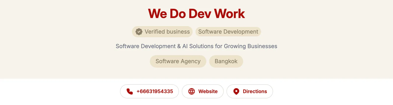 The top of a business page with the Verified business badge and the call, website and directions buttons